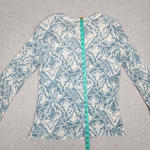 Chico's Blouse Womens Size 1 US M/8 Blue White Silk Embroidery Trim Sheer - Picture 10 of 11